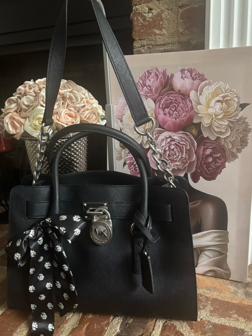Michael Kors Black Saffiano Leather Satchel with Floral Scarf Accent